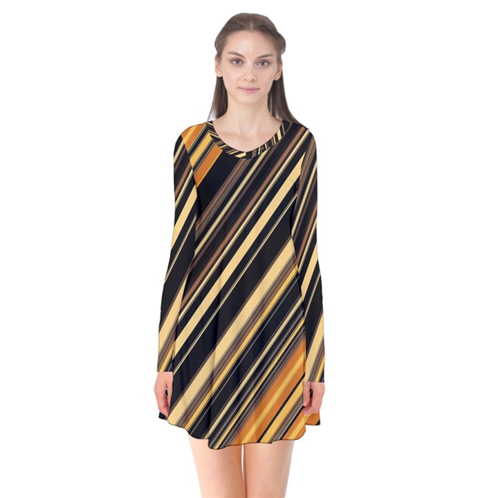 Black and Yellow Stripes Pattern Long Sleeve V-neck Flare Dress