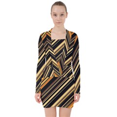 Black And Yellow Stripes Pattern V-neck Bodycon Long Sleeve Dress by SpinnyChairDesigns