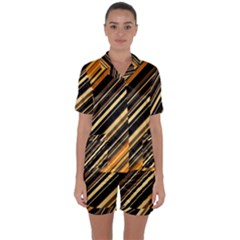 Black And Yellow Stripes Pattern Satin Short Sleeve Pyjamas Set by SpinnyChairDesigns