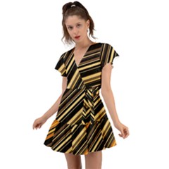 Black And Yellow Stripes Pattern Flutter Sleeve Wrap Dress by SpinnyChairDesigns