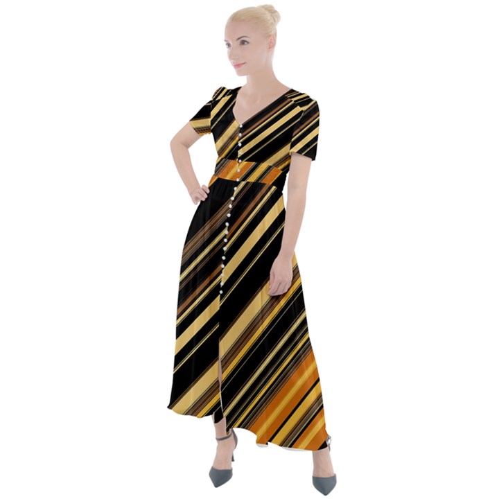 Black and Yellow Stripes Pattern Button Up Short Sleeve Maxi Dress