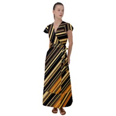 Black And Yellow Stripes Pattern Flutter Sleeve Maxi Dress by SpinnyChairDesigns