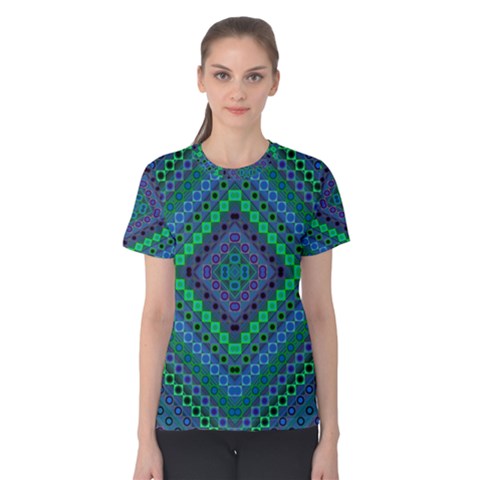 Blue Green Diamond Pattern Women s Cotton Tee by SpinnyChairDesigns