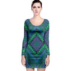 Blue Green Diamond Pattern Long Sleeve Bodycon Dress by SpinnyChairDesigns