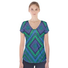 Blue Green Diamond Pattern Short Sleeve Front Detail Top by SpinnyChairDesigns