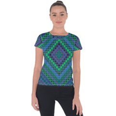 Blue Green Diamond Pattern Short Sleeve Sports Top  by SpinnyChairDesigns