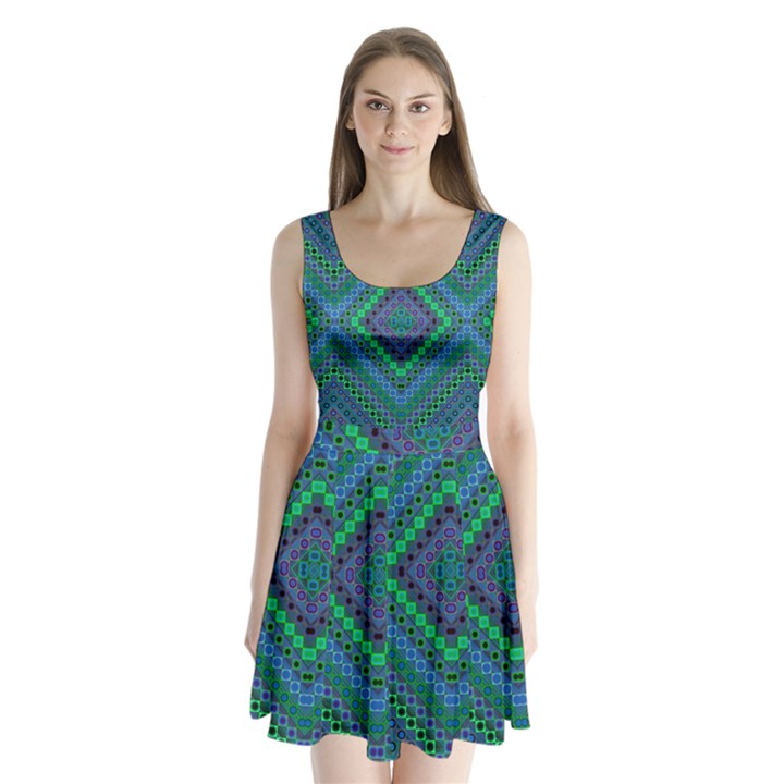 Blue Green Diamond Pattern Split Back Mini Dress 