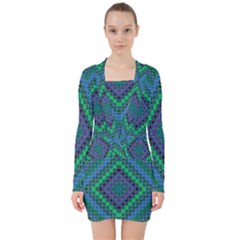 Blue Green Diamond Pattern V-neck Bodycon Long Sleeve Dress by SpinnyChairDesigns