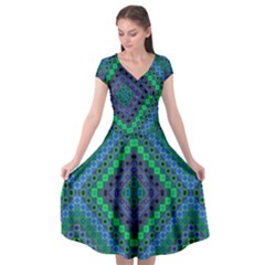 Blue Green Diamond Pattern Cap Sleeve Wrap Front Dress by SpinnyChairDesigns