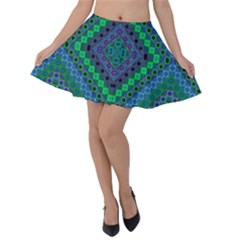 Blue Green Diamond Pattern Velvet Skater Skirt by SpinnyChairDesigns