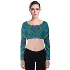 Blue Green Diamond Pattern Velvet Long Sleeve Crop Top by SpinnyChairDesigns