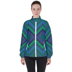 Blue Green Diamond Pattern Women s High Neck Windbreaker