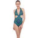 Blue Green Diamond Pattern Halter Front Plunge Swimsuit View1