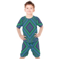 Blue Green Diamond Pattern Kids  Tee And Shorts Set by SpinnyChairDesigns