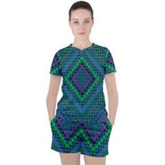 Blue Green Diamond Pattern Women s Tee And Shorts Set