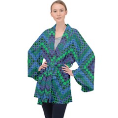 Blue Green Diamond Pattern Long Sleeve Velvet Kimono  by SpinnyChairDesigns