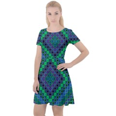 Blue Green Diamond Pattern Cap Sleeve Velour Dress  by SpinnyChairDesigns