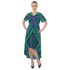 Blue Green Diamond Pattern Front Wrap High Low Dress by SpinnyChairDesigns