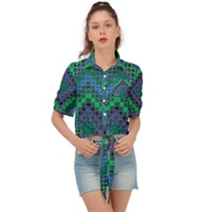 Blue Green Diamond Pattern Tie Front Shirt  by SpinnyChairDesigns