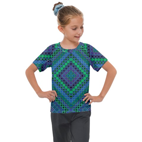 Blue Green Diamond Pattern Kids  Mesh Piece Tee by SpinnyChairDesigns