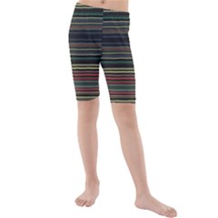 Dark Rust Red And Green Stripes Pattern Kids  Mid Length Swim Shorts by SpinnyChairDesigns