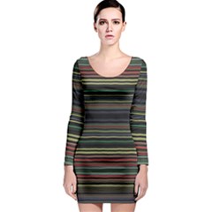 Dark Rust Red And Green Stripes Pattern Long Sleeve Bodycon Dress by SpinnyChairDesigns