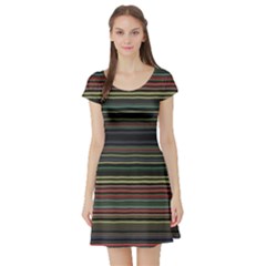 Dark Rust Red And Green Stripes Pattern Short Sleeve Skater Dress by SpinnyChairDesigns