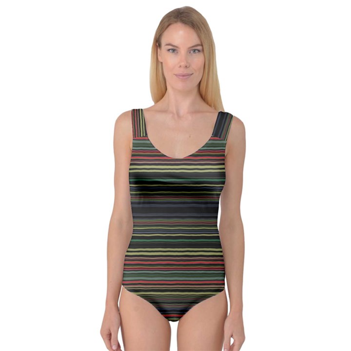 Dark Rust Red and Green Stripes Pattern Princess Tank Leotard 