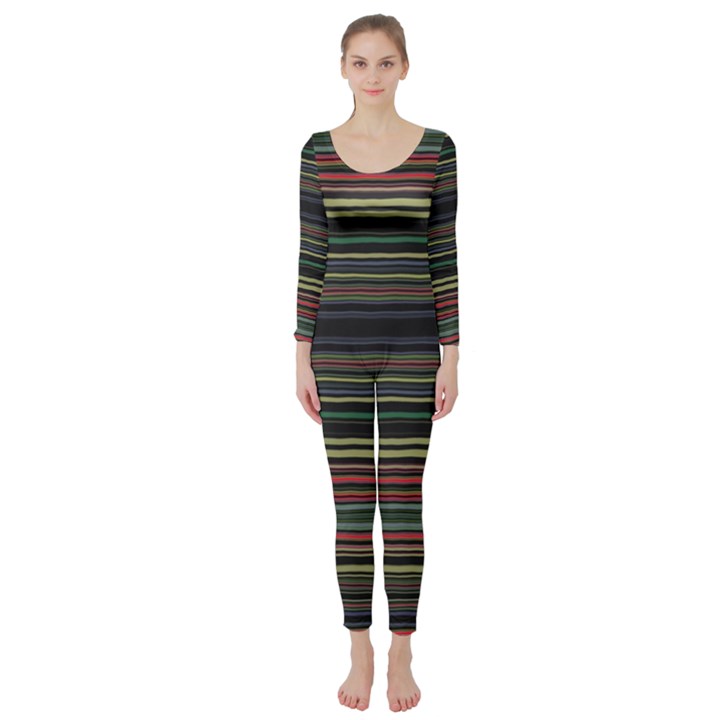 Dark Rust Red and Green Stripes Pattern Long Sleeve Catsuit