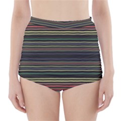 Dark Rust Red And Green Stripes Pattern High-waisted Bikini Bottoms by SpinnyChairDesigns