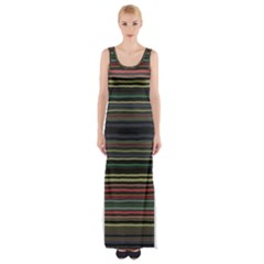 Dark Rust Red And Green Stripes Pattern Thigh Split Maxi Dress by SpinnyChairDesigns