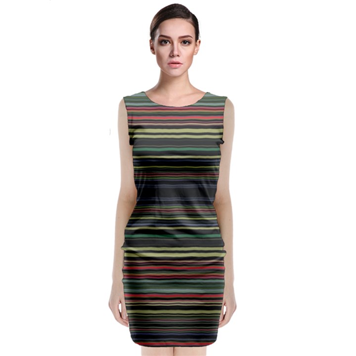 Dark Rust Red and Green Stripes Pattern Classic Sleeveless Midi Dress