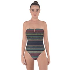 Dark Rust Red And Green Stripes Pattern Tie Back One Piece Swimsuit by SpinnyChairDesigns