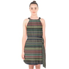 Dark Rust Red And Green Stripes Pattern Halter Collar Waist Tie Chiffon Dress by SpinnyChairDesigns