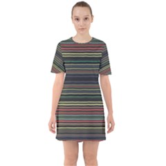 Dark Rust Red And Green Stripes Pattern Sixties Short Sleeve Mini Dress by SpinnyChairDesigns