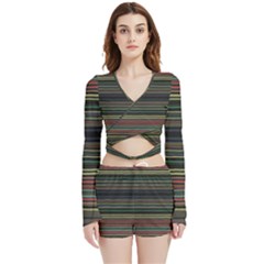 Dark Rust Red And Green Stripes Pattern Velvet Wrap Crop Top