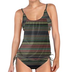 Dark Rust Red And Green Stripes Pattern Tankini Set by SpinnyChairDesigns