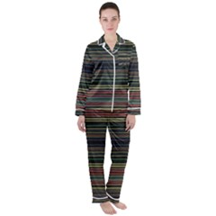 Dark Rust Red And Green Stripes Pattern Satin Long Sleeve Pyjamas Set