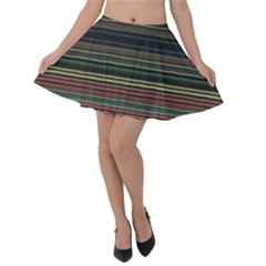 Dark Rust Red And Green Stripes Pattern Velvet Skater Skirt by SpinnyChairDesigns