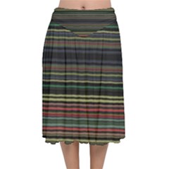 Dark Rust Red And Green Stripes Pattern Velvet Flared Midi Skirt by SpinnyChairDesigns