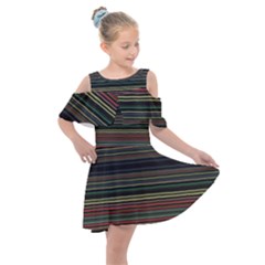 Dark Rust Red And Green Stripes Pattern Kids  Shoulder Cutout Chiffon Dress by SpinnyChairDesigns