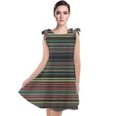 Dark Rust Red And Green Stripes Pattern Tie Up Tunic Dress by SpinnyChairDesigns