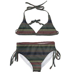 Dark Rust Red And Green Stripes Pattern Kids  Classic Bikini Set by SpinnyChairDesigns