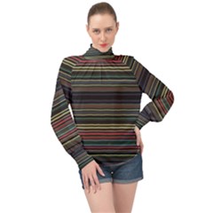 Dark Rust Red And Green Stripes Pattern High Neck Long Sleeve Chiffon Top by SpinnyChairDesigns