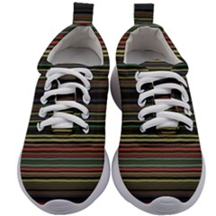 Dark Rust Red And Green Stripes Pattern Kids Athletic Shoes by SpinnyChairDesigns