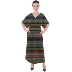 Dark Rust Red And Green Stripes Pattern V-neck Boho Style Maxi Dress by SpinnyChairDesigns