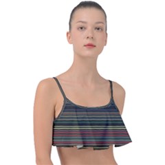 Dark Rust Red And Green Stripes Pattern Frill Bikini Top by SpinnyChairDesigns