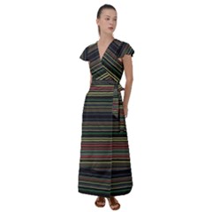 Dark Rust Red And Green Stripes Pattern Flutter Sleeve Maxi Dress by SpinnyChairDesigns