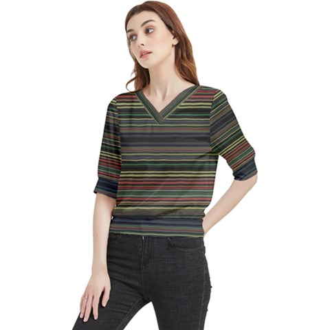 Dark Rust Red And Green Stripes Pattern Quarter Sleeve Blouse by SpinnyChairDesigns