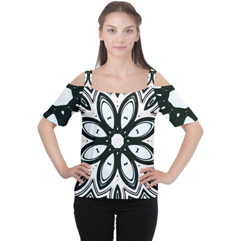 Black And White Floral Print Pattern Cutout Shoulder Tee by SpinnyChairDesigns